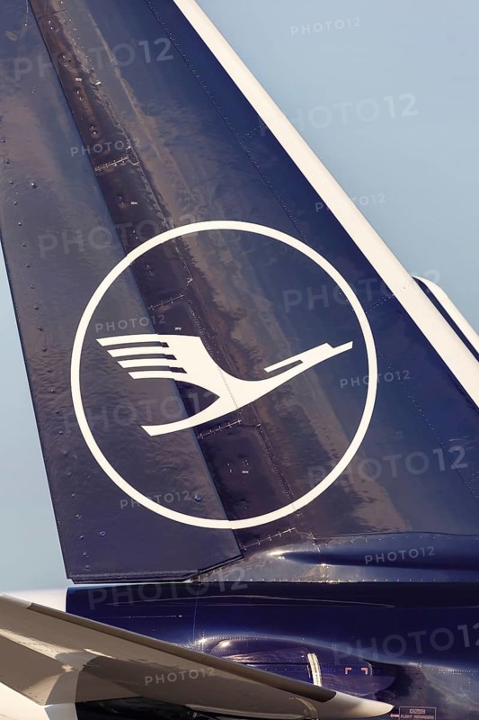 A Lufthansa Airbus tail unit with the crane logo at Frankfurt Airport