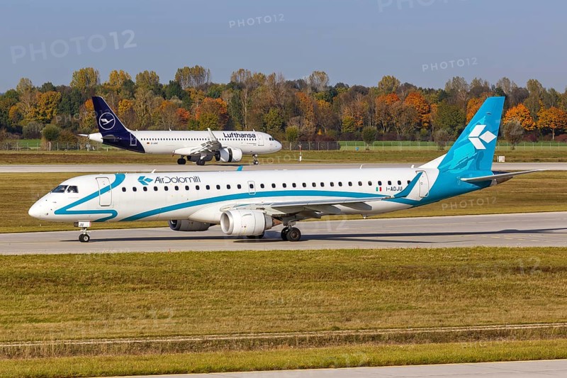 An Embraer ERJ 195 aircraft of Air Dolomiti with registration number I-ADJU at Munich Airport