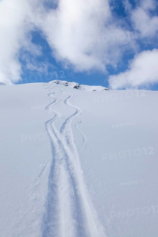 Two lonely ski tracks in front of a blue sky
