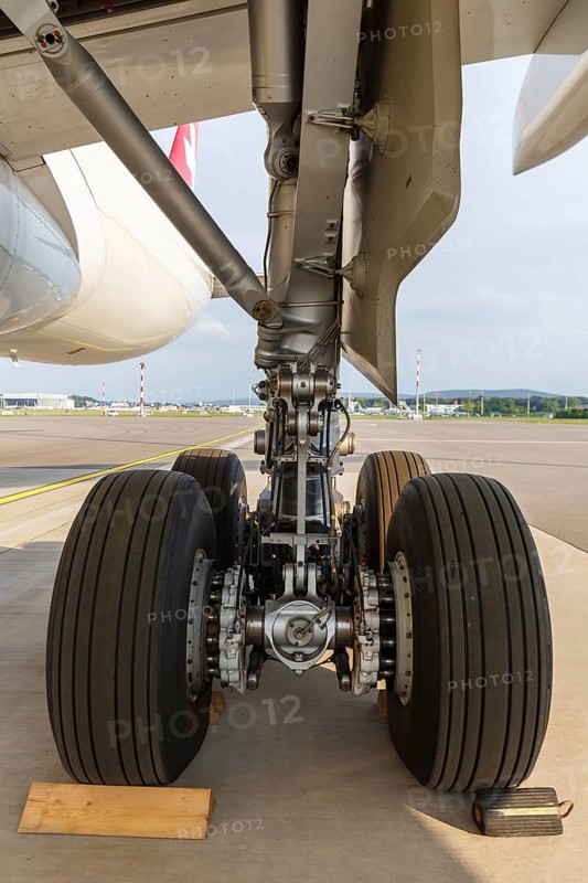 An Airbus A330-300 aircraft landing gear of Swiss with the registration HB-JHE at Zurich Airport