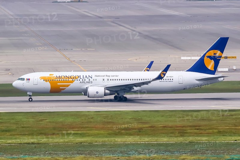 A Mongolian Airlines Boeing 767-300ER with registration number JU-1021 at Seoul Incheon International Airport