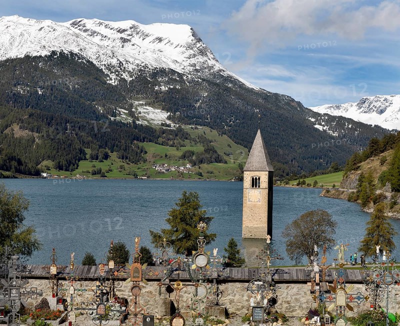 Tower of the parish church of St. Catherine in the Reschensee