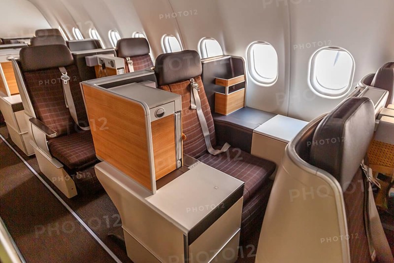 Business Class cabin of an Airbus A340-300 aircraft of Swiss at Zurich Airport