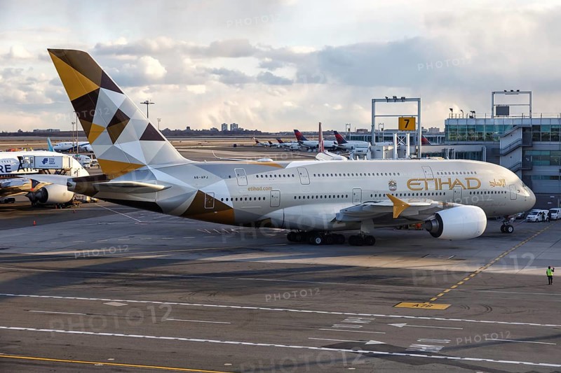 An Airbus A380-800 aircraft of Etihad with registration number A6-APJ at New York Airport