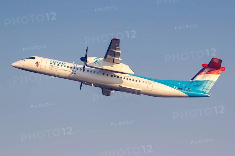 A Bombardier DHC-8-400 of Luxair with registration LX-LGN at Malpensa Airport in Milan