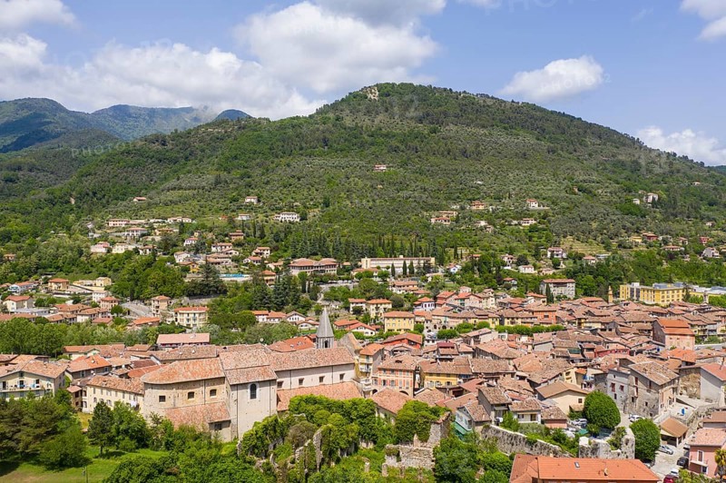 Aerial view of the mountain village Sospel at an altitude of 350 m at the river Bevera at the edge of the Mercantour National Park at the French branch of the Tendebahn