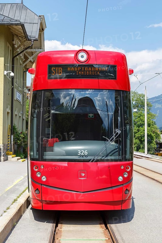 Portrait Stubaitalbahn Innsbruck tram Bombardier tramway local traffic at the stop Fulpmes