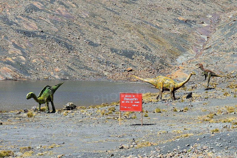Life-size figures of dinosaurs at the highest site in the world