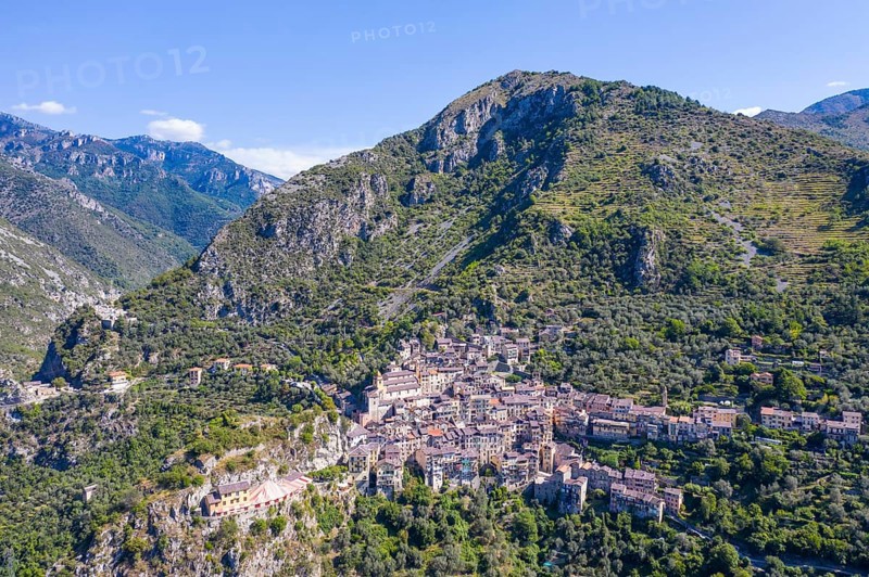 Aerial view of the mountain village of Saorge above the Roya valley on the road between Ventimiglia on the coast and the Col de Tende pass