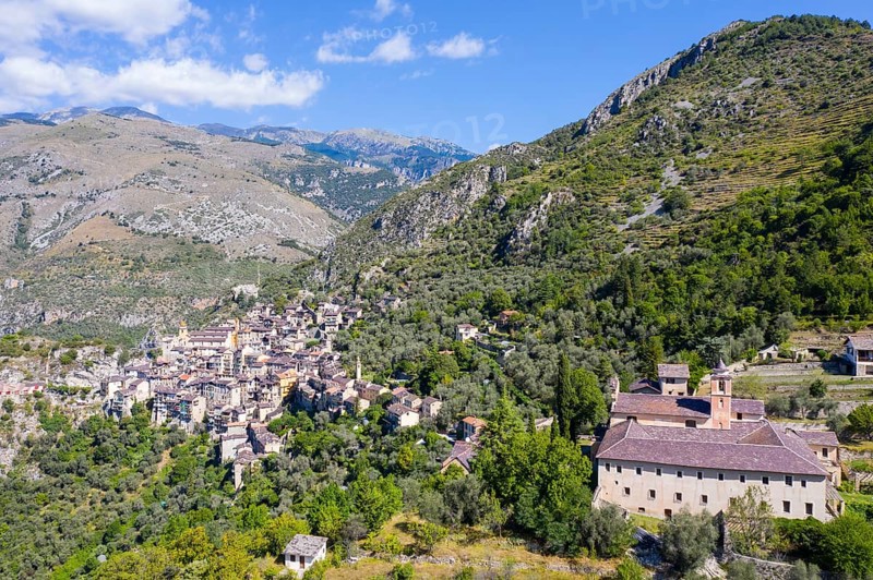 Aerial view of the mountain village of Saorge above the Roya valley on the road between Ventimiglia on the coast and the Col de Tende pass