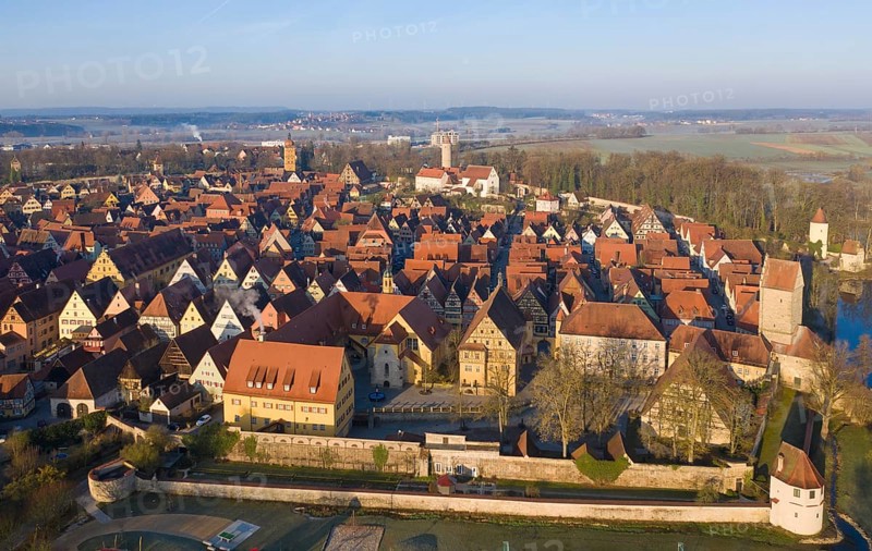 Aerial view of the medieval town of Dinkelsbuehl with hospital and Rothenburg Gate