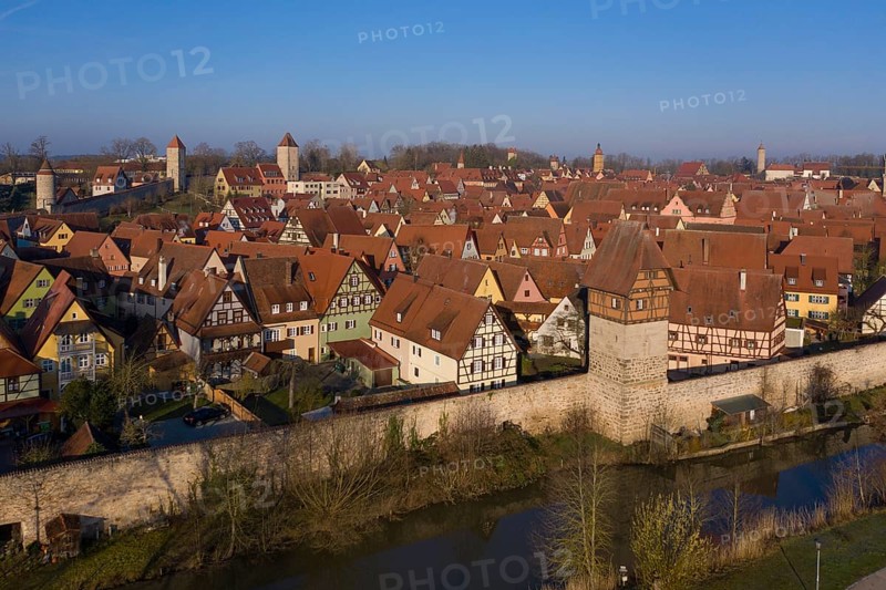 Aerial view of medieval town Dinkelsbuehl with town wall and Baeuerlinsturm