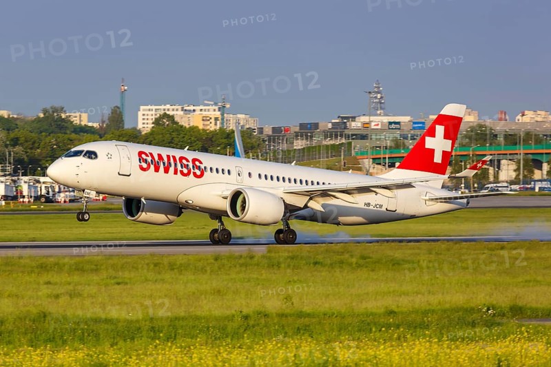A Swiss Airbus A220-300 with the registration HB-JCM at Warsaw Airport