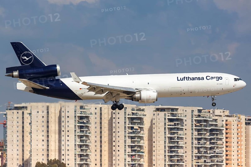 A McDonnell Douglas MD-11 aircraft of Lufthansa Cargo with the registration D-ALCB lands at Tel Aviv Airport