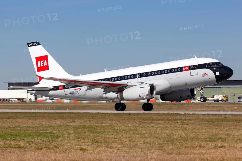 An Airbus A319 aircraft of British Airways with the registration G-EUPJ in the retro special livery takes off from Stuttgart Airport
