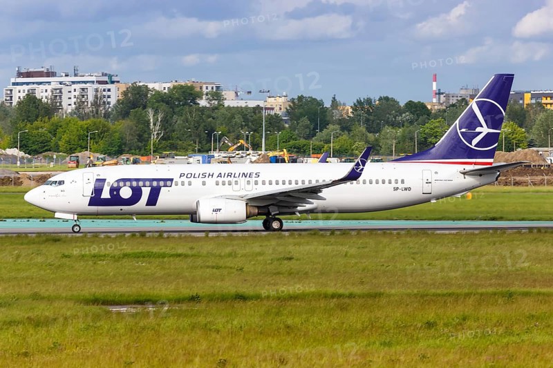 A Boeing 737-800 aircraft of LOT Polskie Linie Lotnicze with registration SP-LWD at Warsaw Airport
