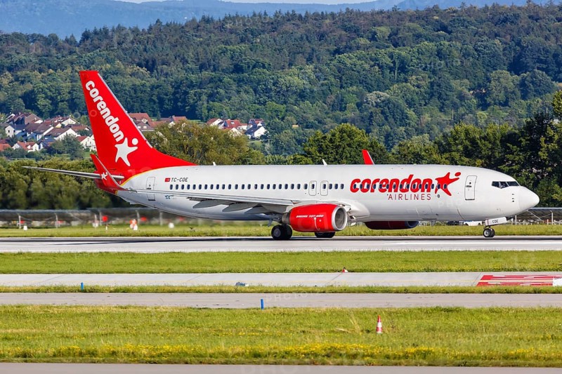 A Boeing 737-800 aircraft of Corendon Airlines with registration TC-COE at Stuttgart Airport