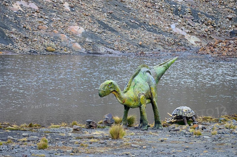 Life-size figures of dinosaurs at the highest site in the world