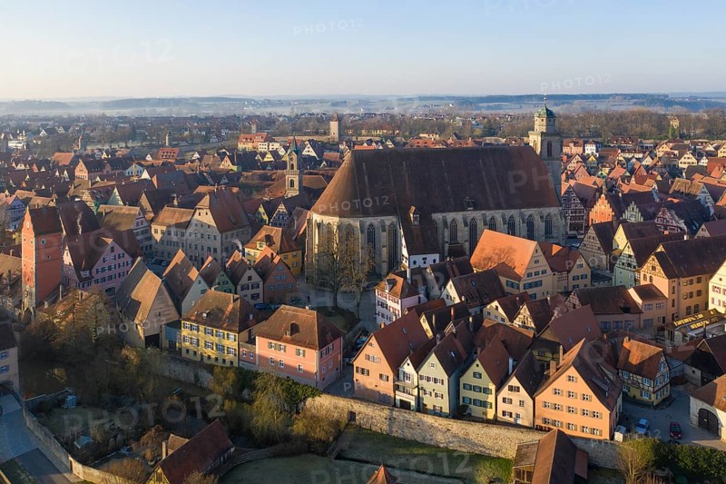 Aerial view of the medieval town of Dinkelsbuehl with St. George Minster and Woernitz Gate
