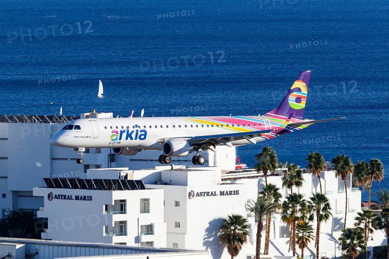 An Arkia Embraer 195 with registration 4X-EMF lands at Eilat Airport