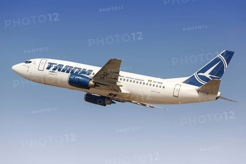 A Tarom Boeing 737-300 aircraft with registration number YR-BGE takes off from Tel Aviv Airport