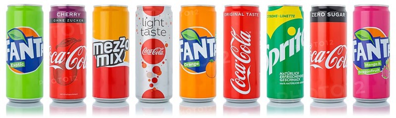 Coca Cola Coca-Cola products Fanta Sprite lemonade drinks in can in a row exempted isolated in Germany