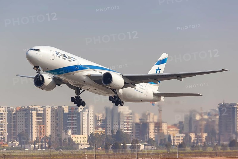 A Boeing 777-200ER aircraft of El Al Israel Airlines with registration number 4X-ECB takes off from Tel Aviv Airport
