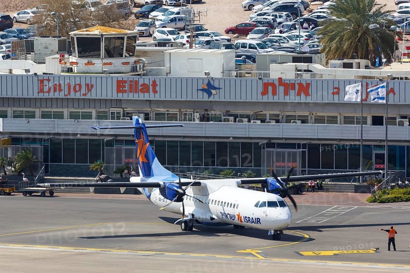 An Israir ATR 72-500 aircraft with registration number 4X-ATJ at Eilat Airport