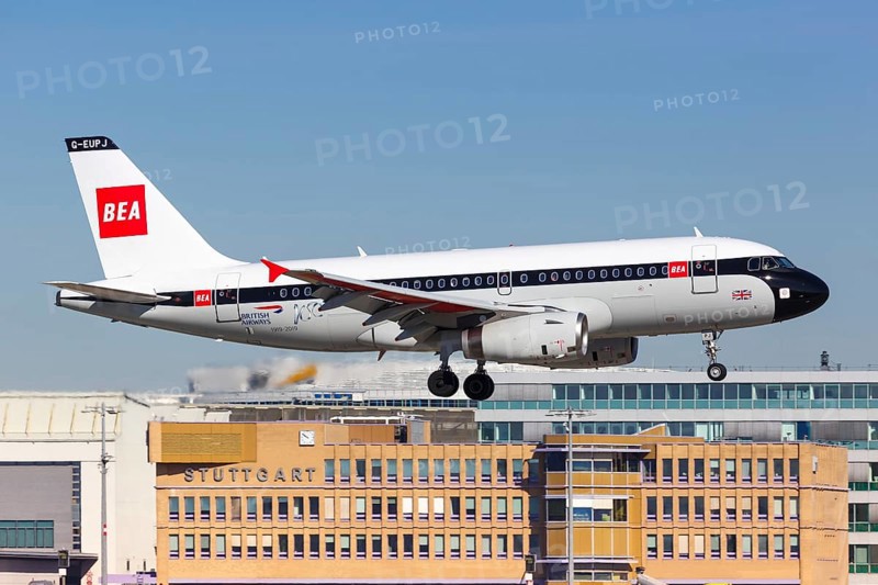 An Airbus A319 aircraft of British Airways with the registration G-EUPJ in the retro special livery lands at Stuttgart Airport
