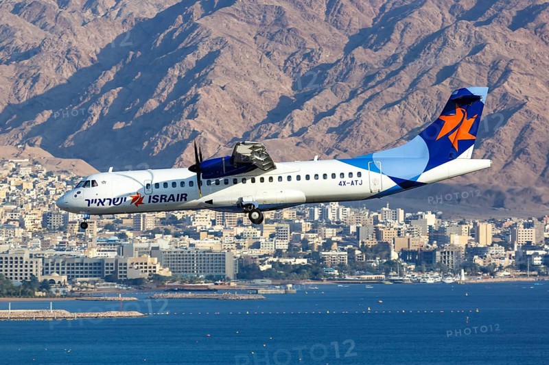 An Israir ATR 72-500 aircraft with registration number 4X-ATJ lands at Eilat Airport