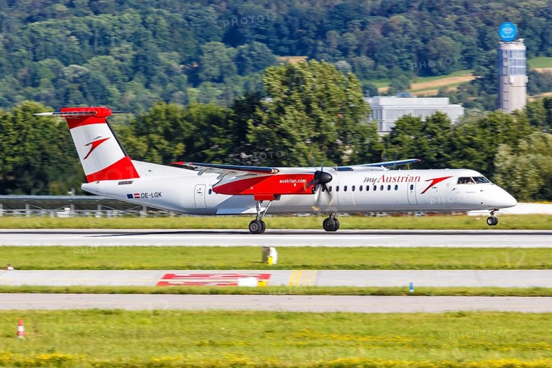 A Bombardier DHC-8-400 of Austrian Airlines with the registration OE-LGK at Stuttgart Airport