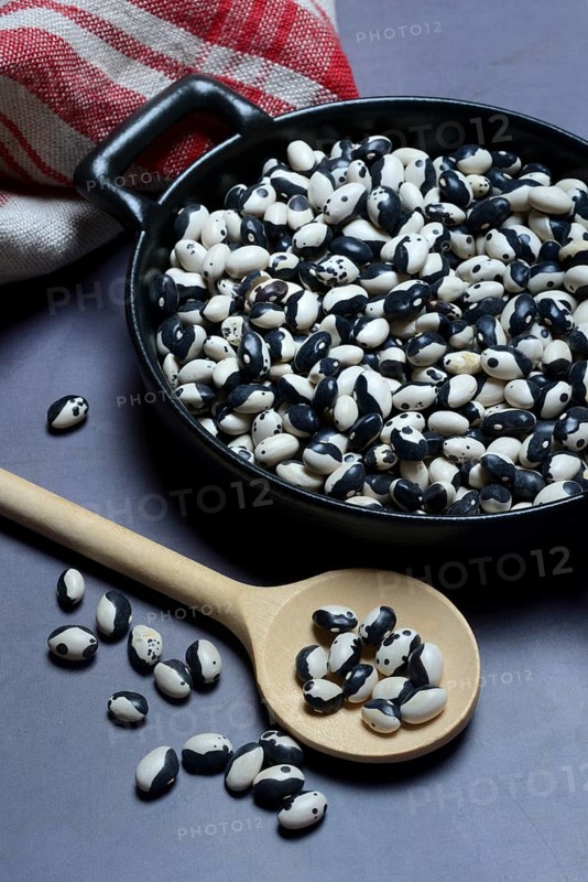 Dried bush beans in pot with cooking spoon