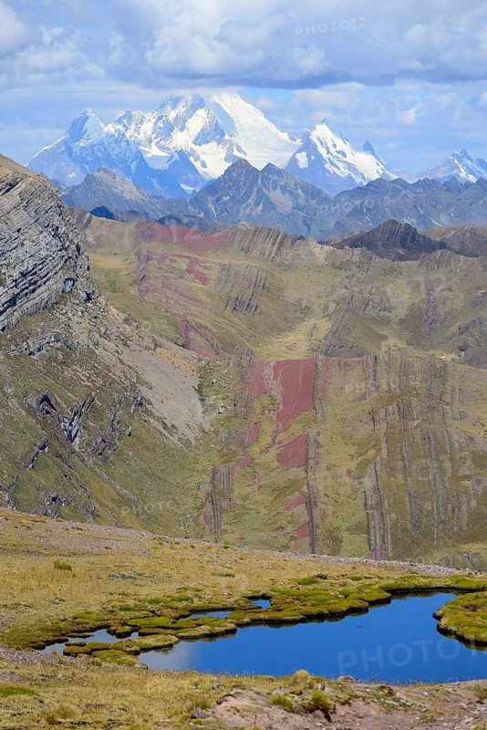 Small lagoon at 4800 m above sea level with view of the Cordillera Huayhuash