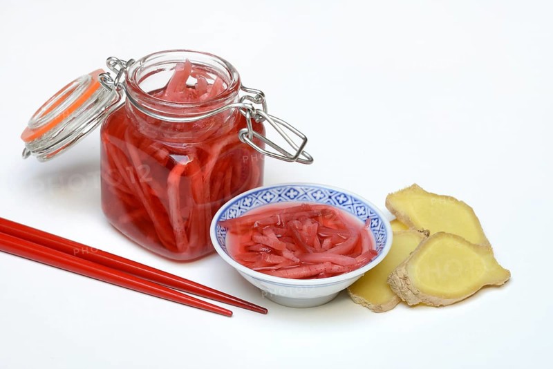 Pickled ginger in glass and peel