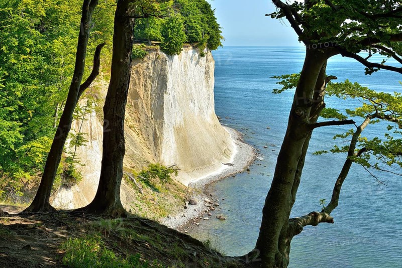 View from the high shore path to the chalk cliffs at the Baltic Sea