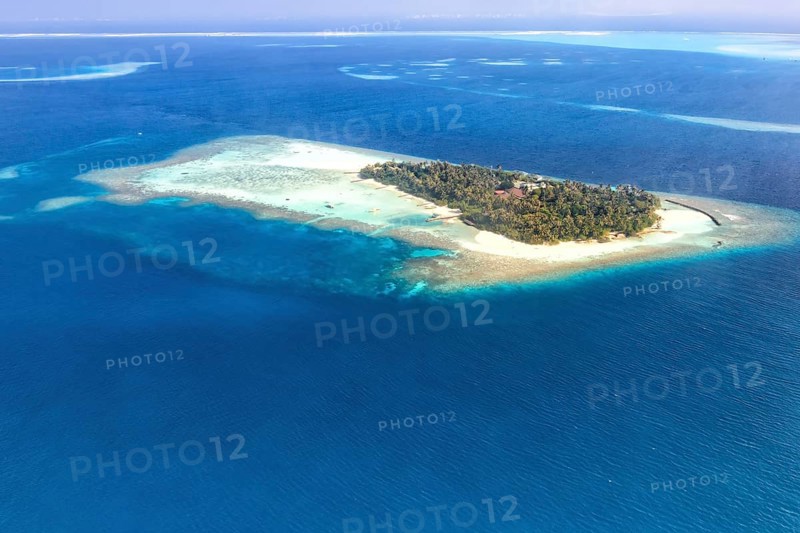 Island vacation paradise sea text free space copyspace Embudu Resort aerial photo tourism in the Maldives