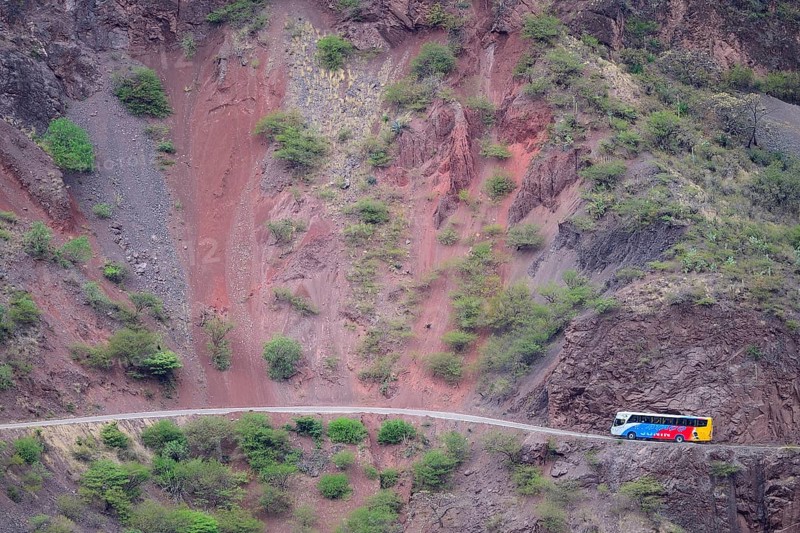 Coach on the road above the gorge of the Rio Mantaro