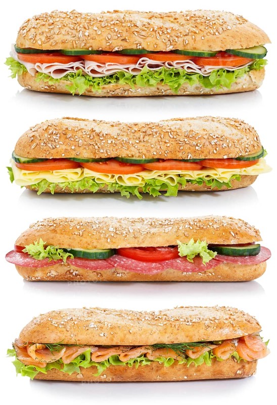 Baguette with ham salami cheese salmon fish collection side exempted exempted wholemeal baguettes isolated