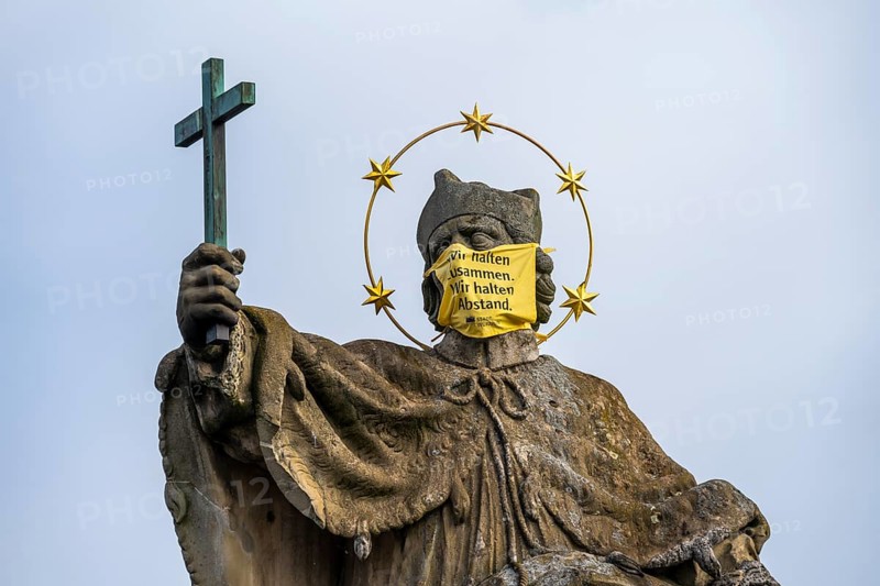 Statue on Old Main Bridge with Corona Everyday Mask