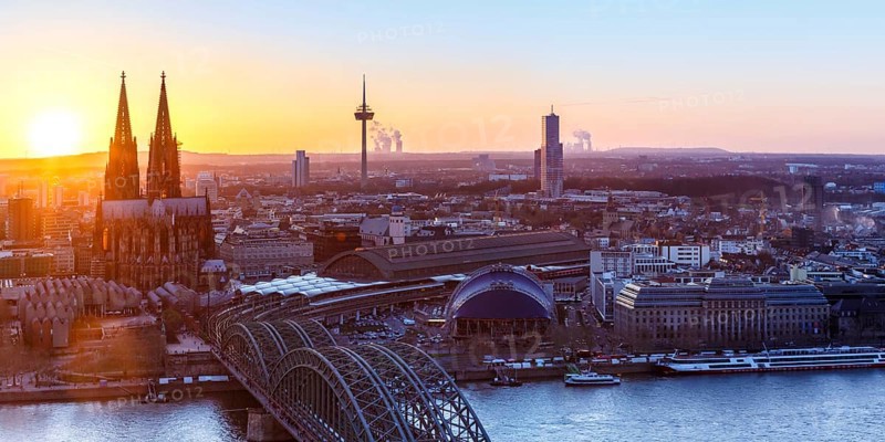 Cologne Cathedral Church Panorama Skyline City Sunset Bridge Rhine Hohenzollern Bridge in Cologne