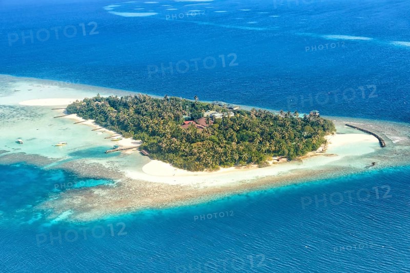 Island vacation paradise sea text free space copyspace Embudu Resort aerial photo tourism in the Maldives