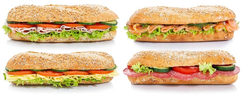 Baguette with ham salami cheese salmon fish collection side exempted exempted wholemeal baguettes isolated