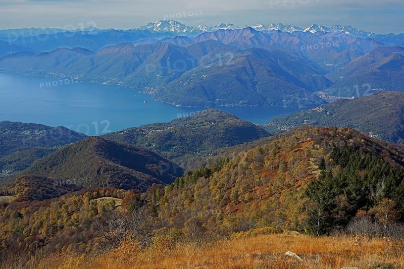 View from Monte Lema on Lake Maggiore with the Monte Rosa massif in the distance
