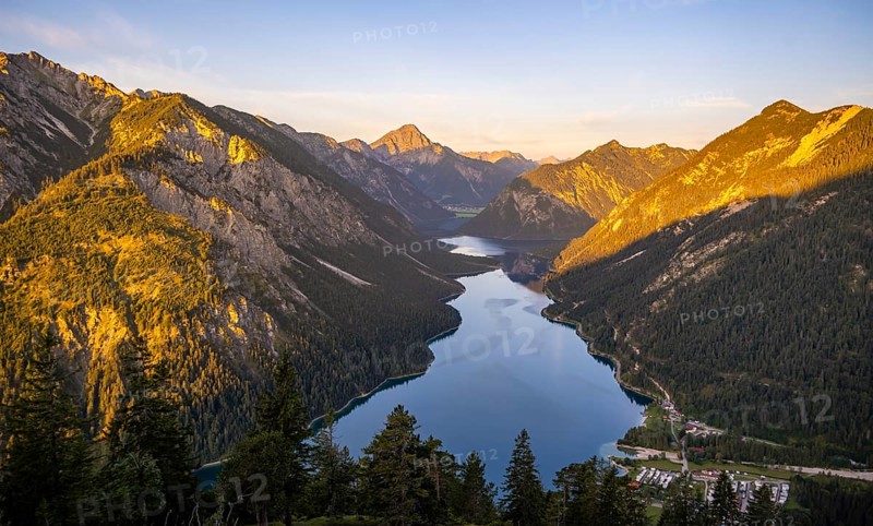 View from the summit of Schoenjoechl to Plansee and mountains