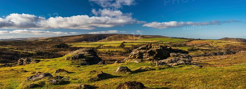 Panorama of fields and meadows in Haytor Rocks