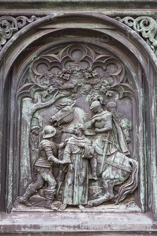 Scenes from the life of Martin Luther on the pedestal of the Luther Monument in Moehra