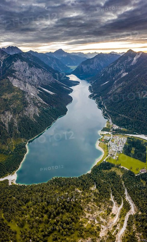 View from the summit of Schoenjoechl to Plansee and mountains