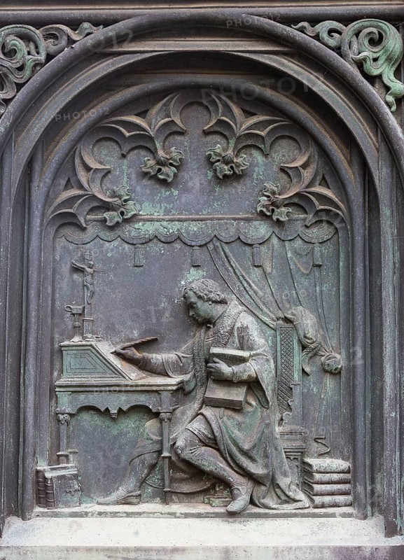 Scenes from the life of Martin Luther on the pedestal of the Luther Monument in Moehra