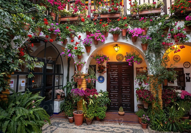 Entrance door and archway in courtyard decorated with flowers