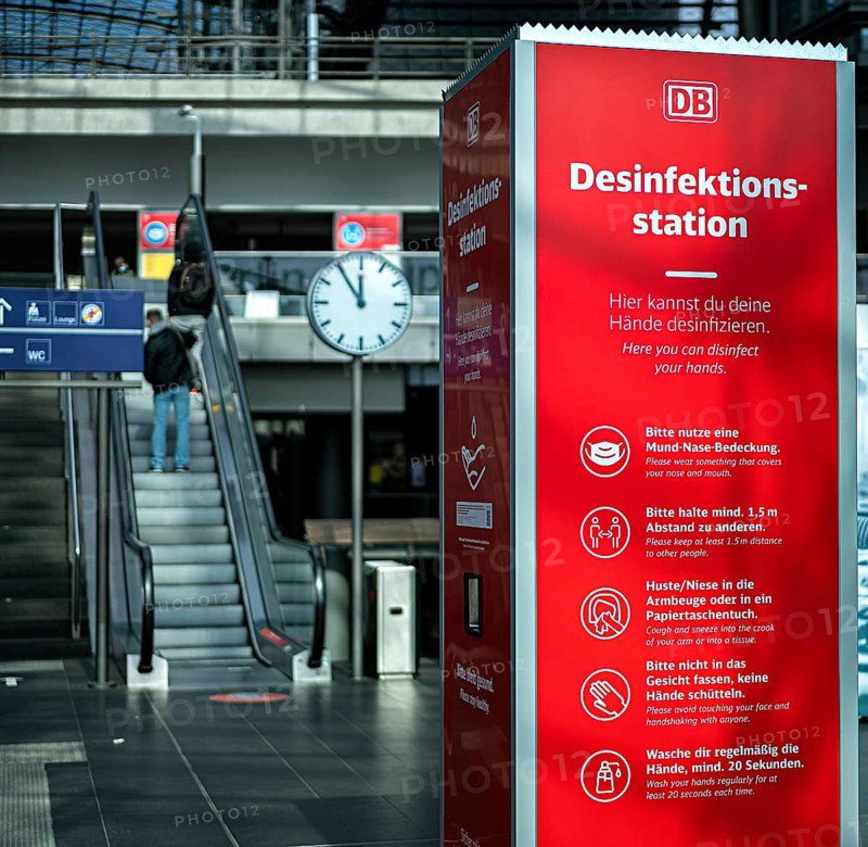 Deutsche Bahn disinfection stand at the entrance to Berlin Central Station